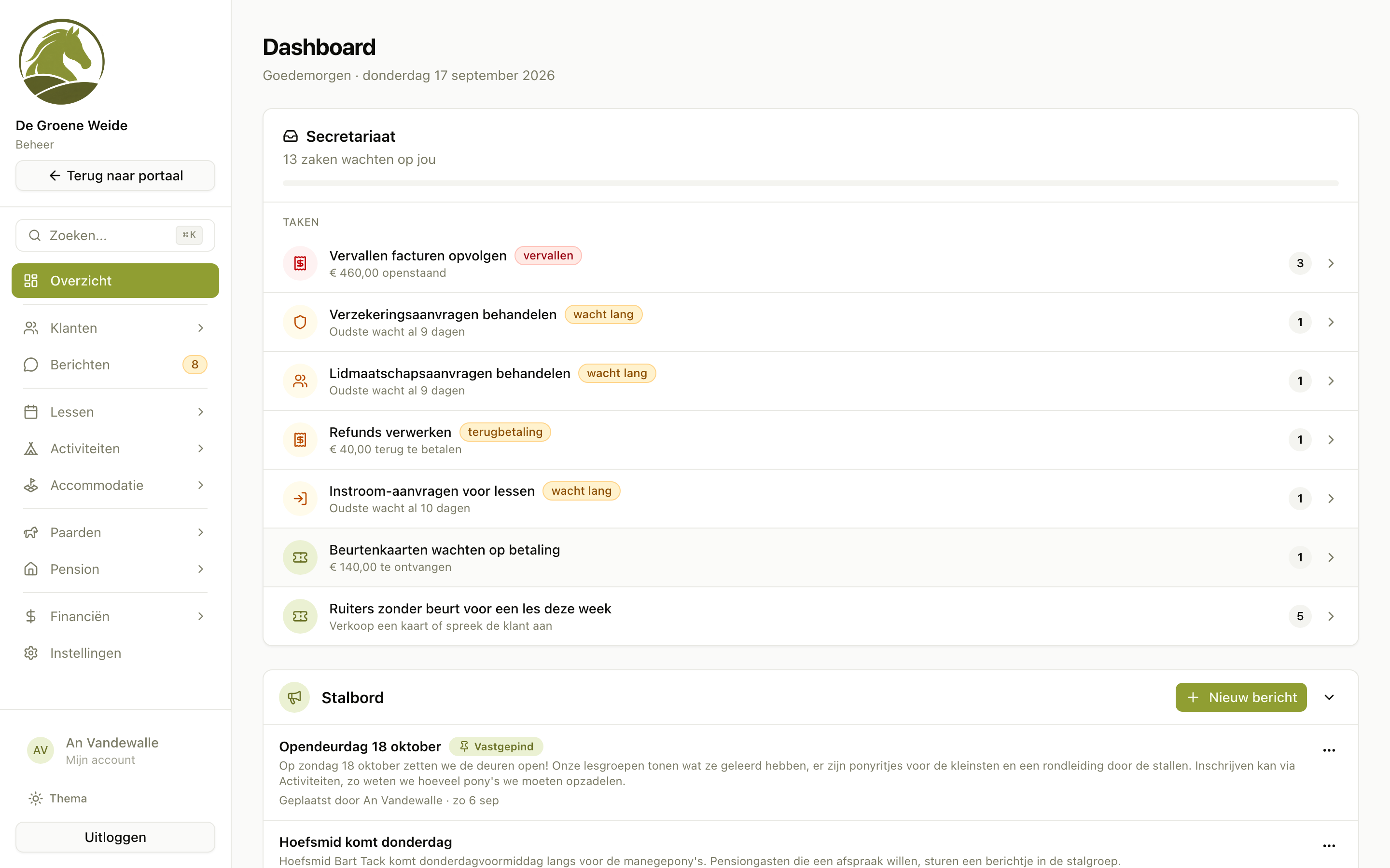 Dashboard in het beheer van Ponyportaal met het Secretariaat-overzicht, waaronder de taak instroom-aanvragen voor lessen en hoelang de oudste al wacht.