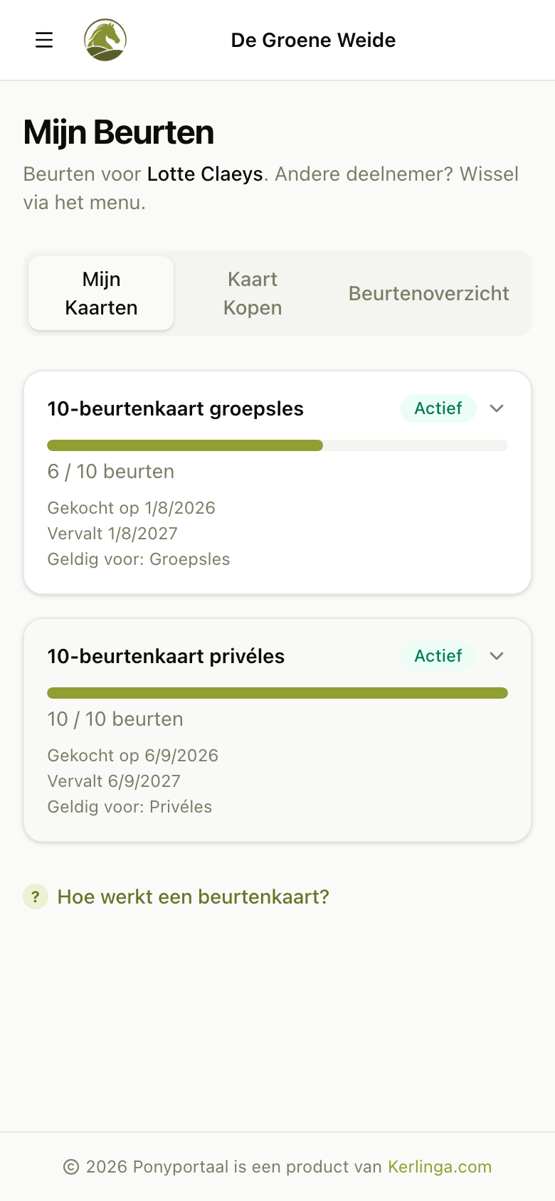 Mijn beurten in het klantenportaal op een gsm, met per kaart de resterende beurten